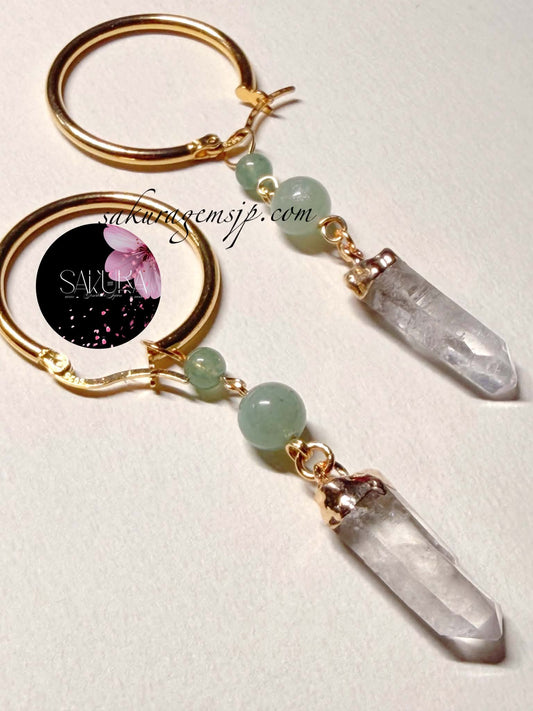 s925 Sterling Silver Gold Hoop Green Aventurine x Clear Quartz Points Dangling Earrings