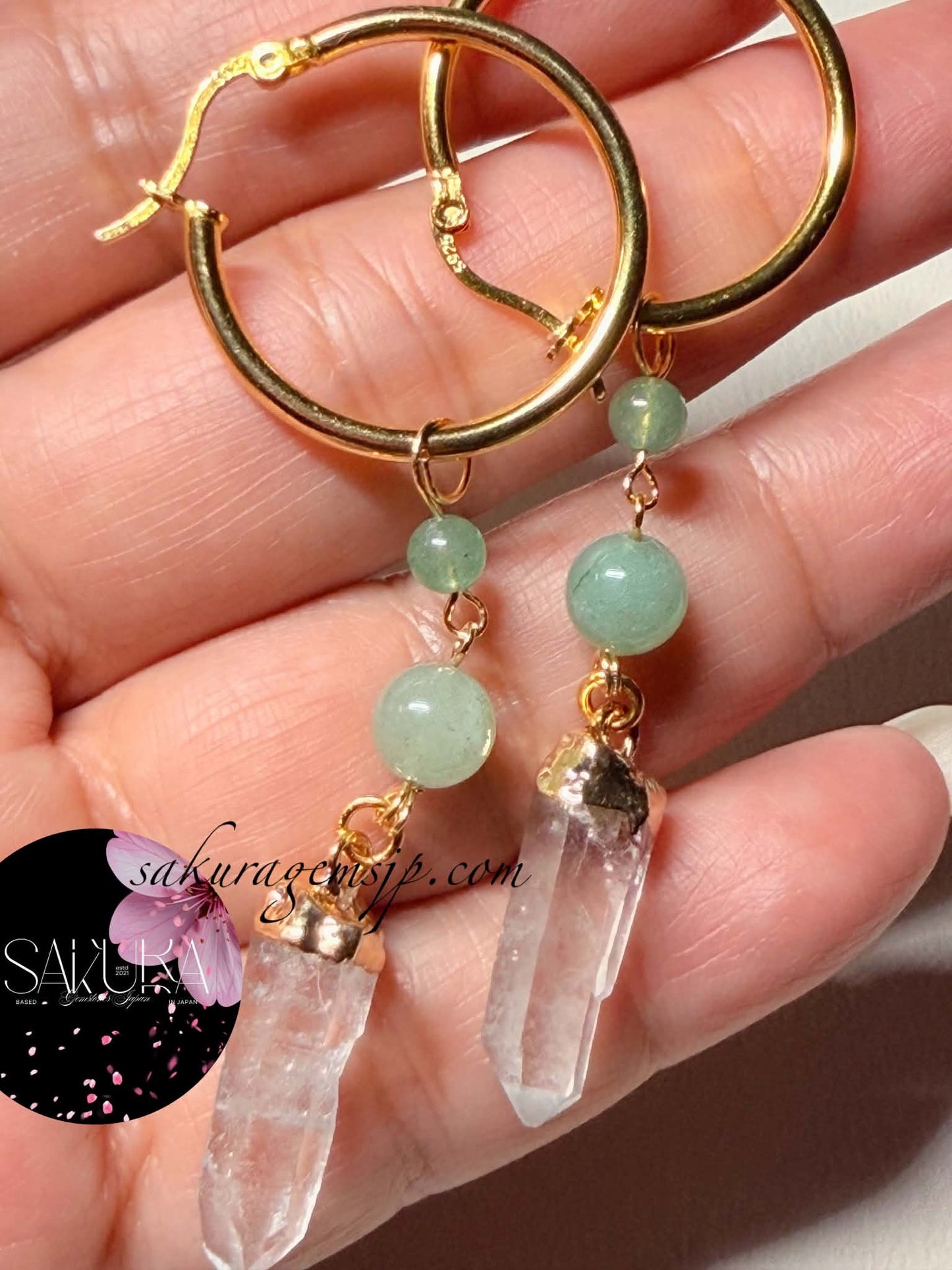 s925 Sterling Silver Gold Hoop Green Aventurine x Clear Quartz Points Dangling Earrings