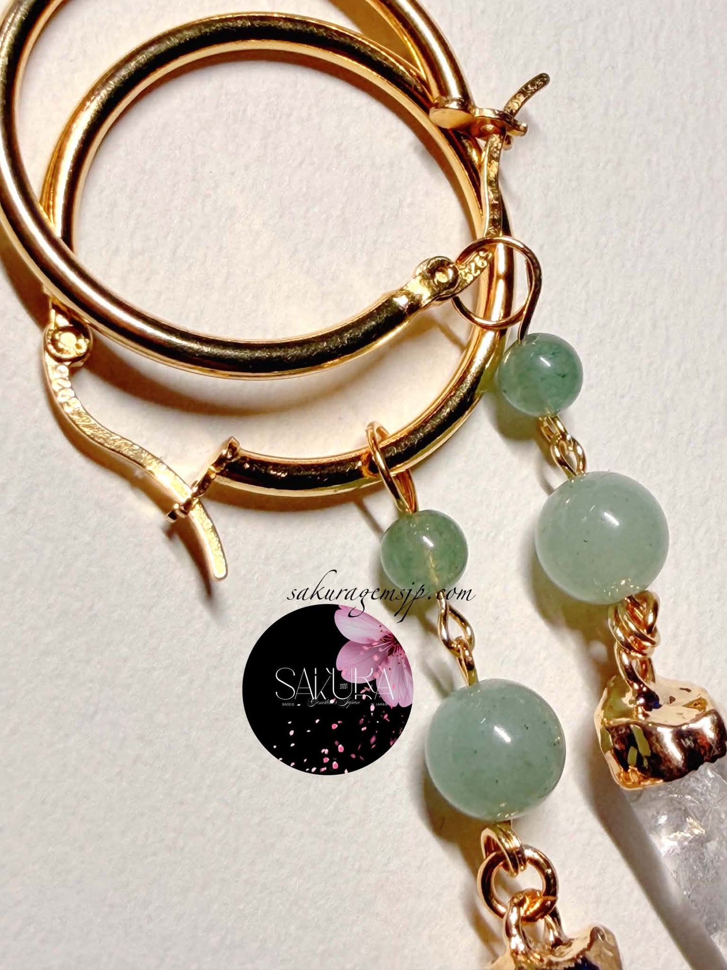 s925 Sterling Silver Gold Hoop Green Aventurine x Clear Quartz Points Dangling Earrings