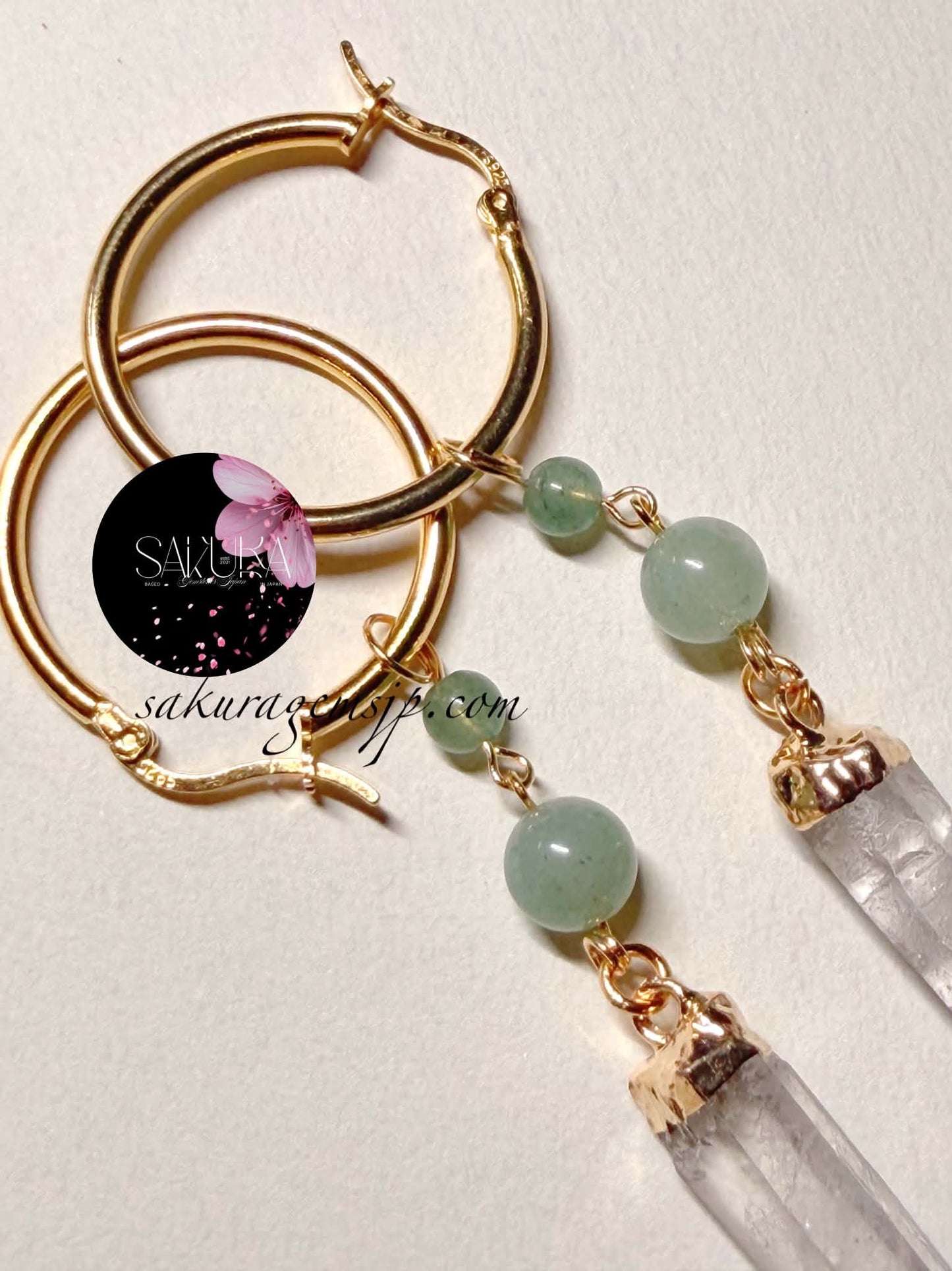 s925 Sterling Silver Gold Hoop Green Aventurine x Clear Quartz Points Dangling Earrings
