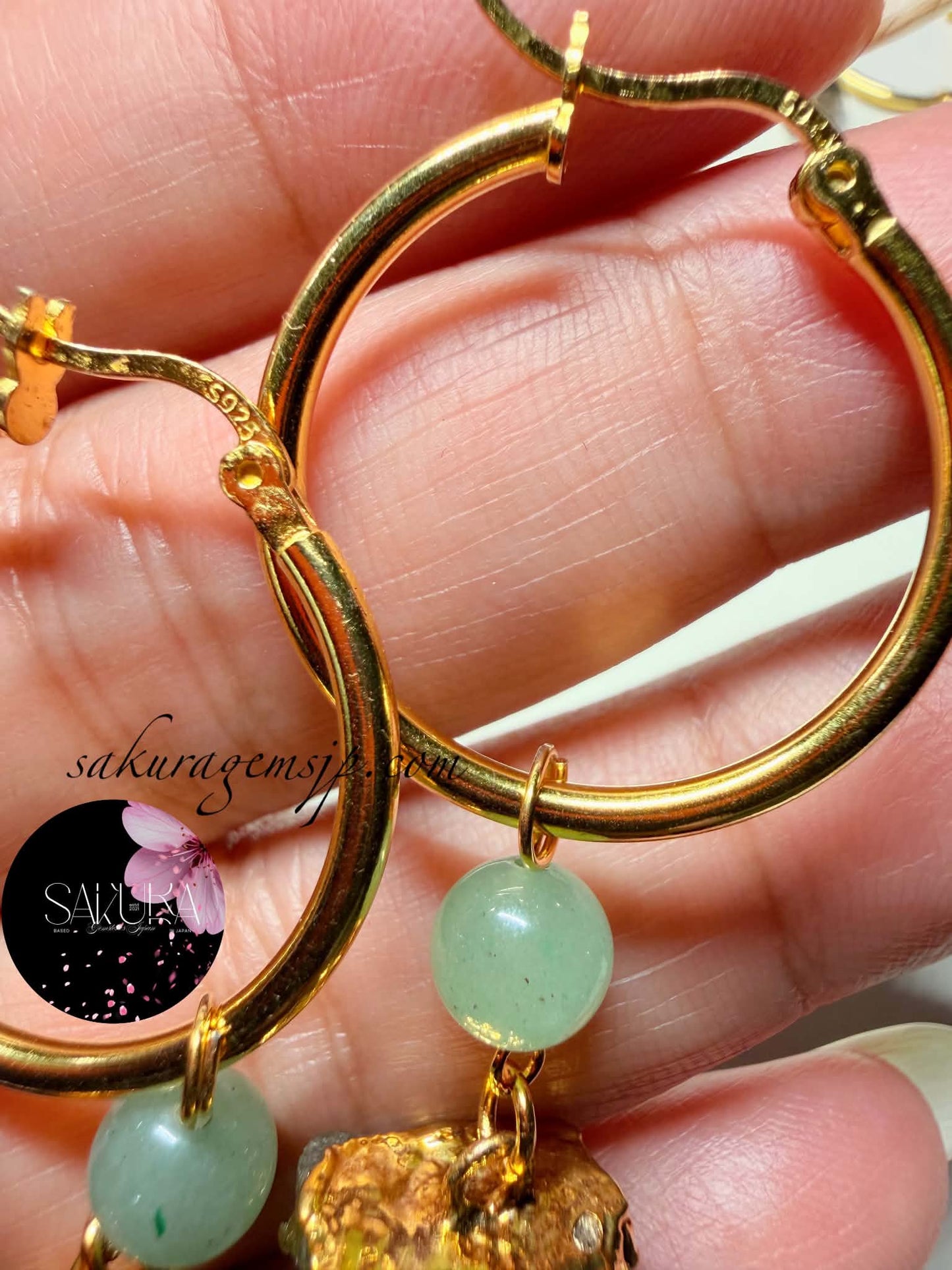 s925 Sterling Silver Gold Hoop Raw Stone Green Aventurine Dangling Earrings