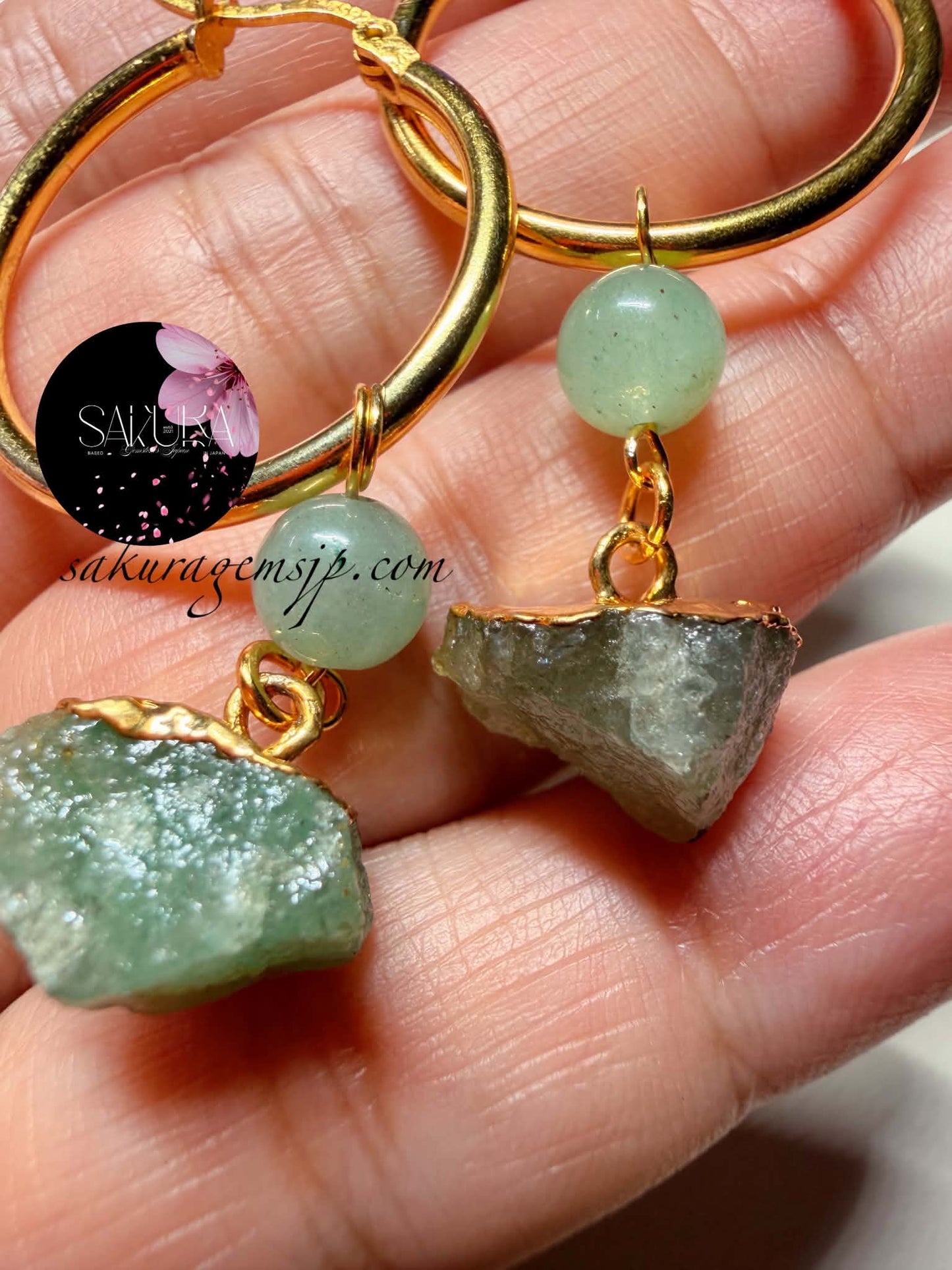 s925 Sterling Silver Gold Hoop Raw Stone Green Aventurine Dangling Earrings
