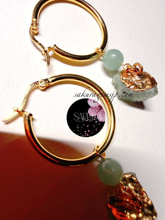 s925 Sterling Silver Gold Hoop Raw Stone Green Aventurine Dangling Earrings