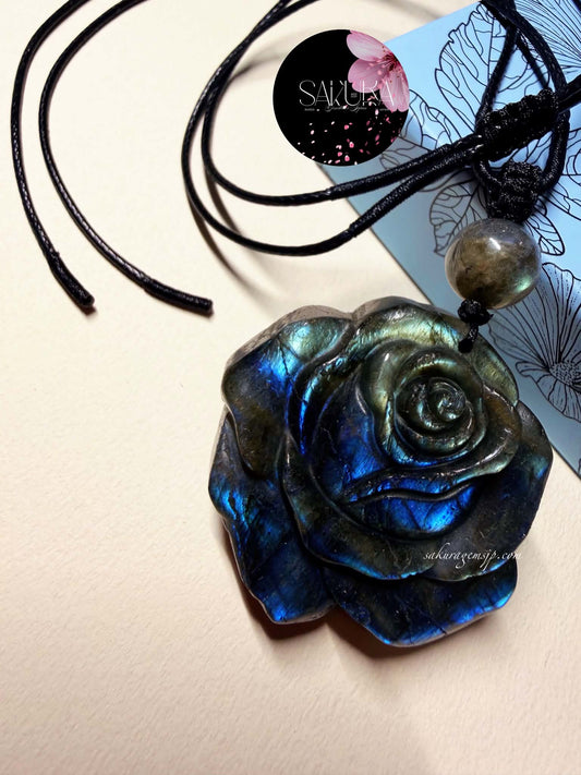 Hand-carved LABRADORITE Rose Necklace Pendant
