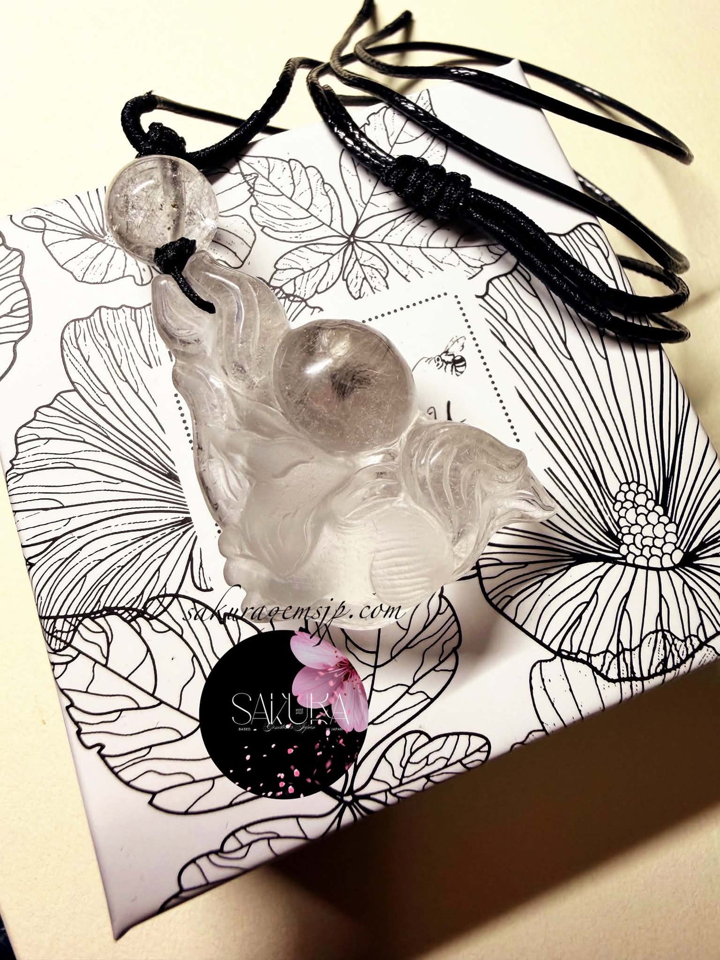 Hand-Carved 9Tail-Fox Platinum Rutile Clear Quartz Necklace Pendant