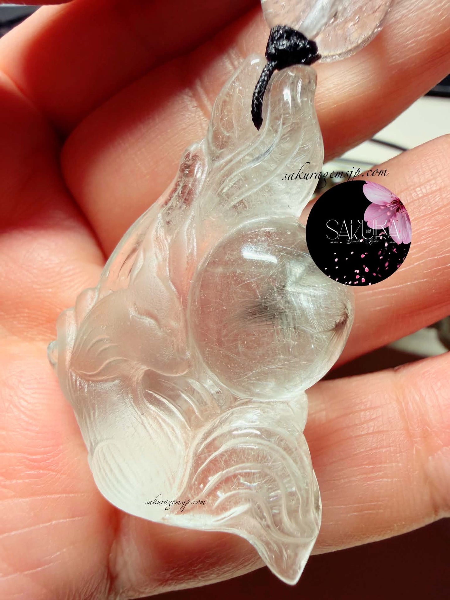 Hand-Carved 9Tail-Fox Platinum Rutile Clear Quartz Necklace Pendant