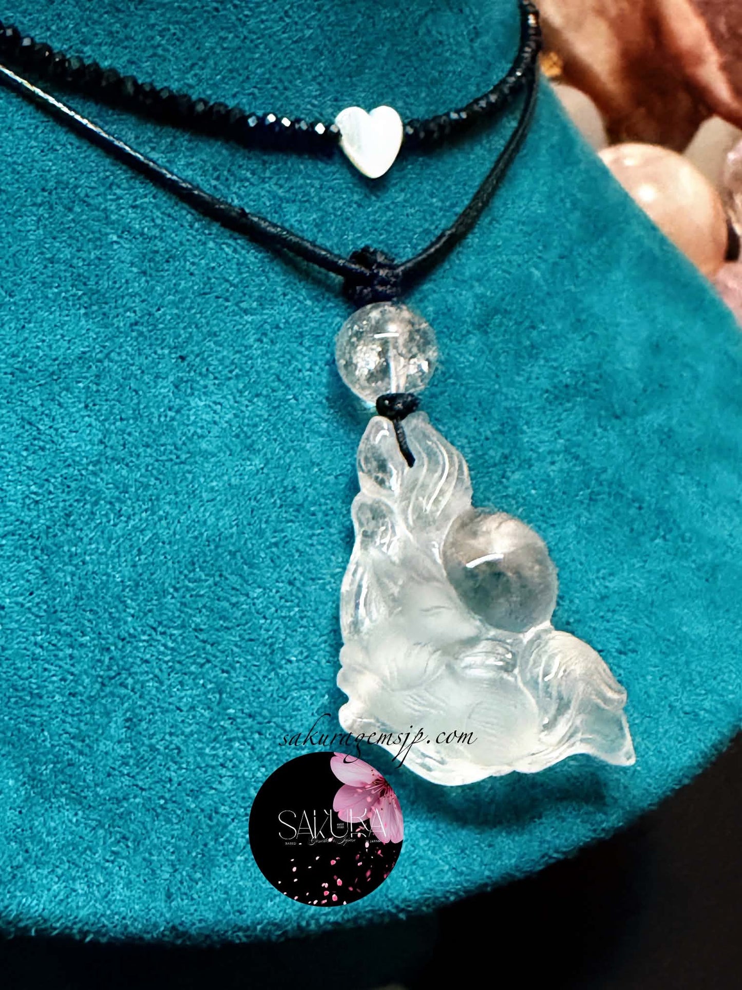 Hand-Carved 9Tail-Fox Platinum Rutile Clear Quartz Necklace Pendant