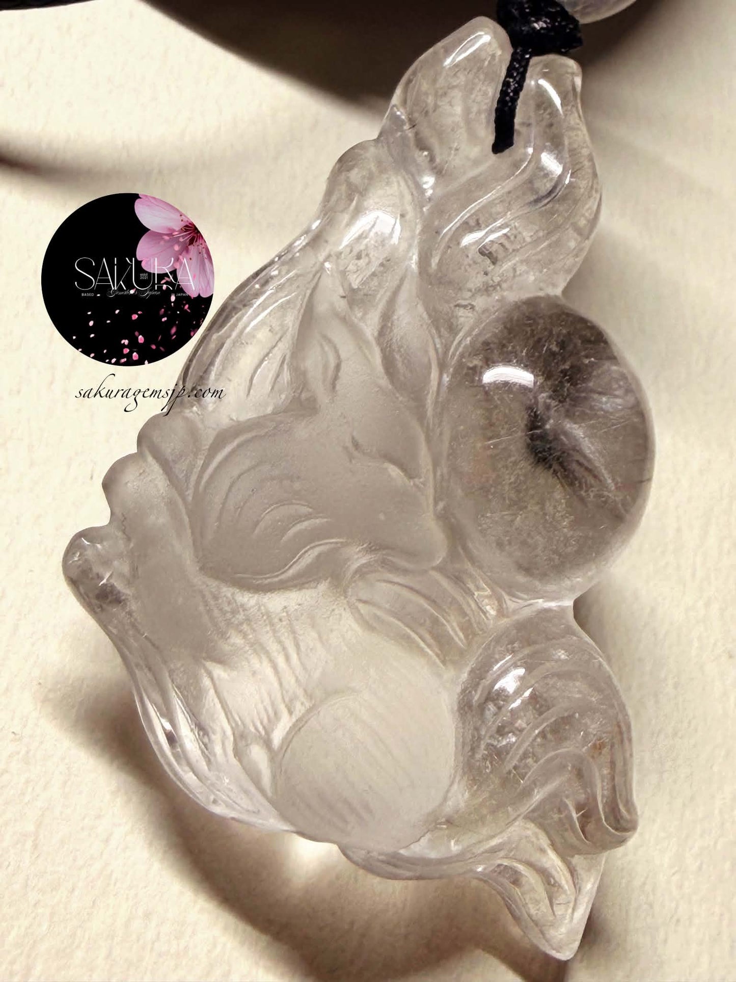 Hand-Carved 9Tail-Fox Platinum Rutile Clear Quartz Necklace Pendant