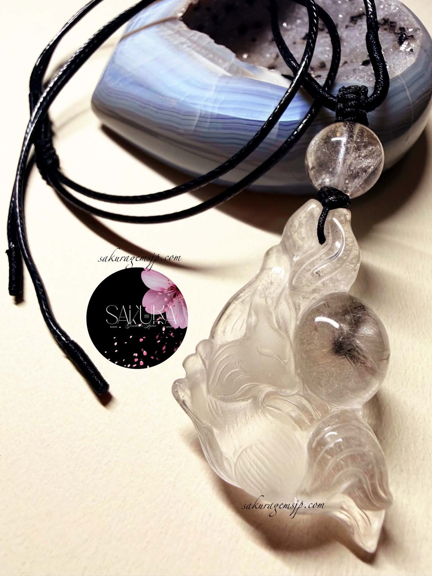 Hand-Carved 9Tail-Fox Platinum Rutile Clear Quartz Necklace Pendant