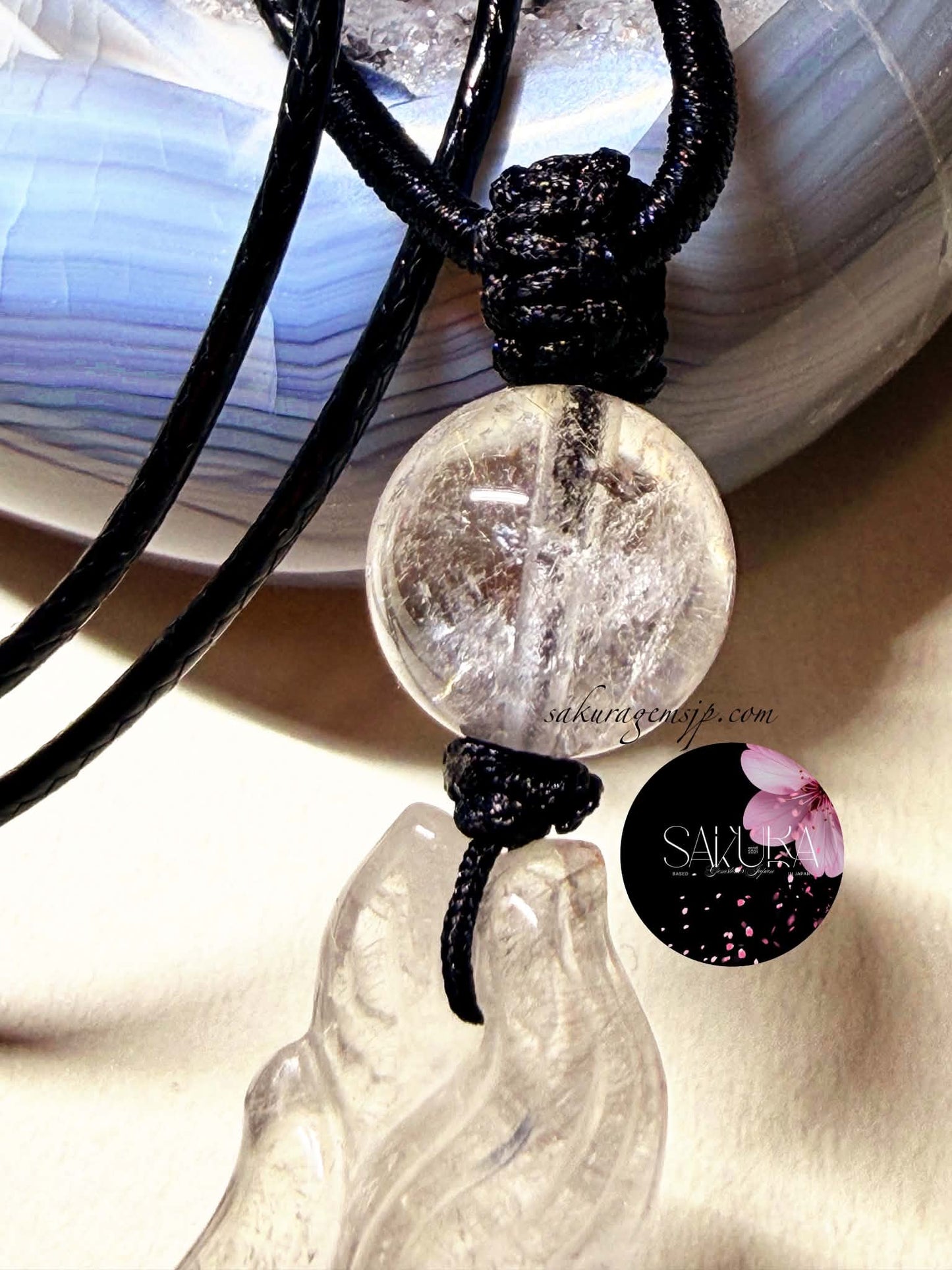 Hand-Carved 9Tail-Fox Platinum Rutile Clear Quartz Necklace Pendant