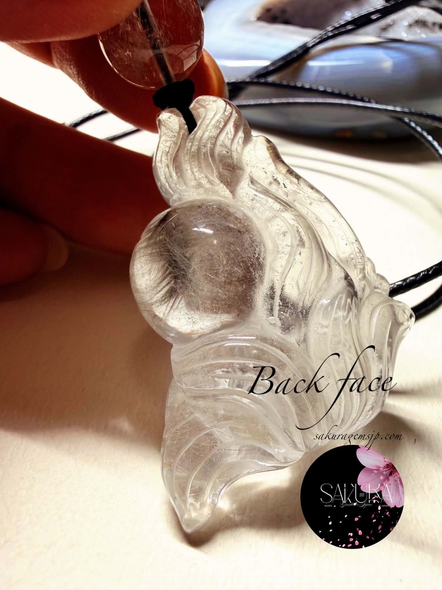 Hand-Carved 9Tail-Fox Platinum Rutile Clear Quartz Necklace Pendant