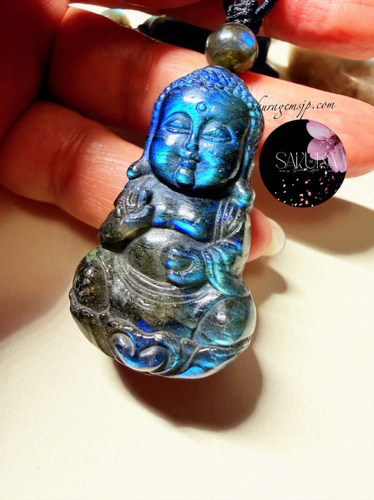 Hand-Carved Labradorite Buddha Necklace Pendant