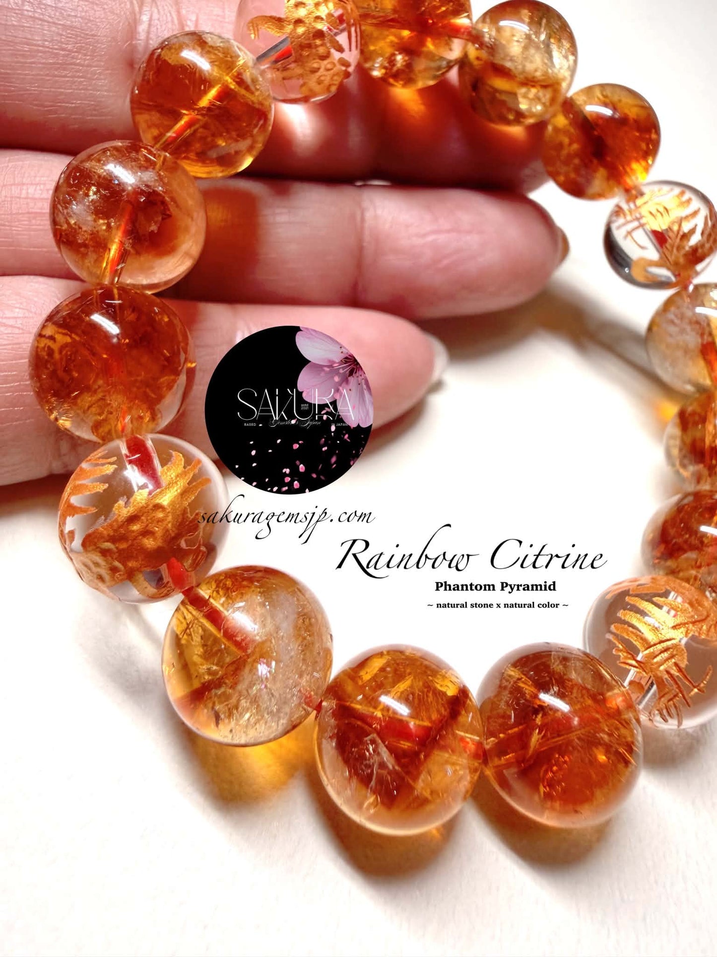 Pyramid Phantom Rainbow Citrine Bracelet ( + Hand-carved Dragon Clear Quartz )