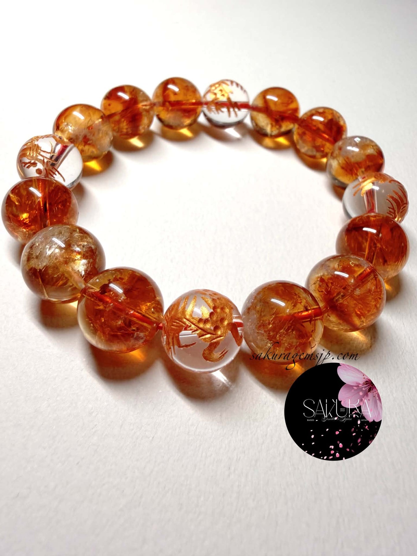 Pyramid Phantom Rainbow Citrine Bracelet ( + Hand-carved Dragon Clear Quartz )