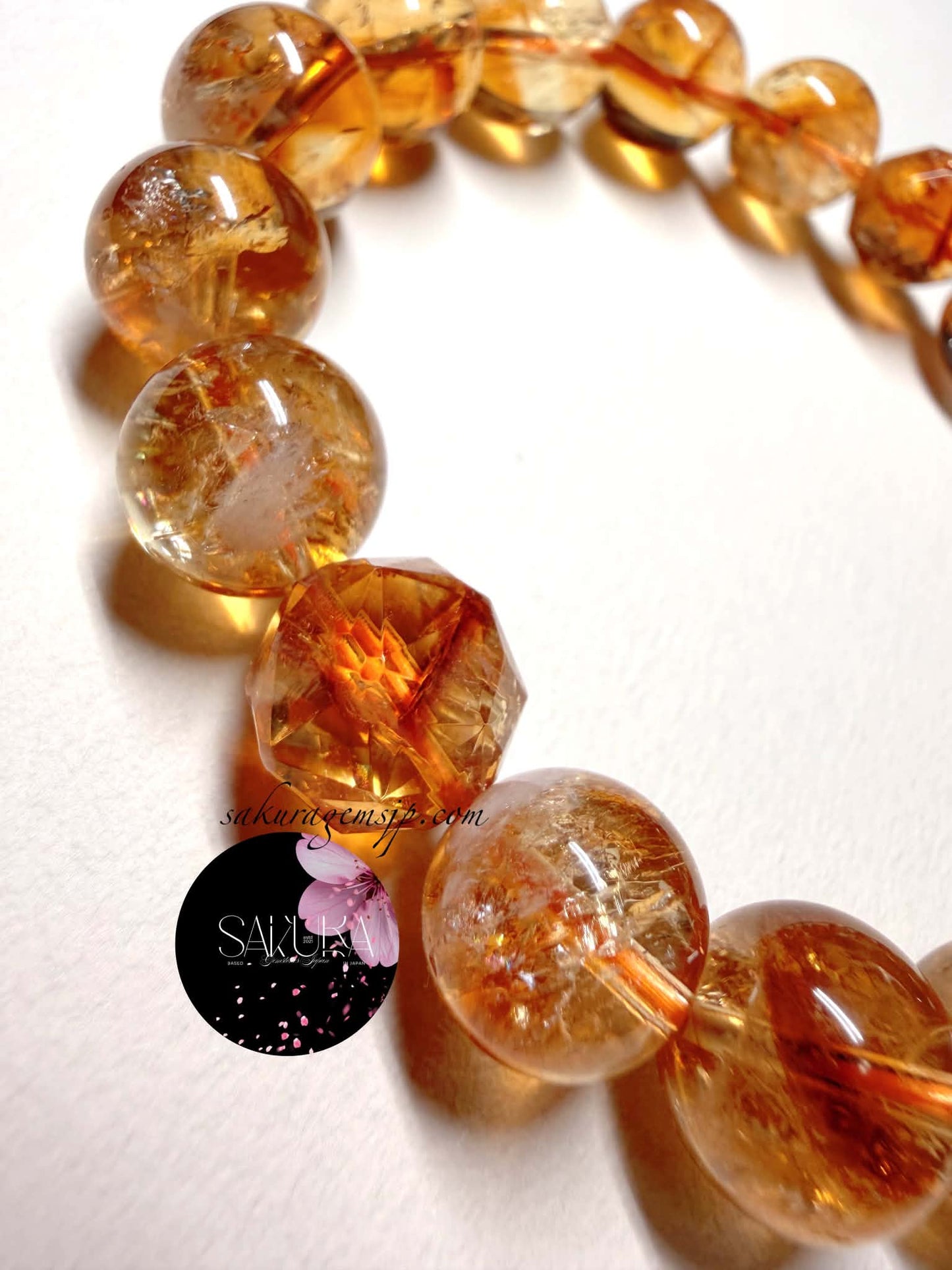 Pyramid Phantom Rainbow Citrine Bracelet 12mm. Round Beads