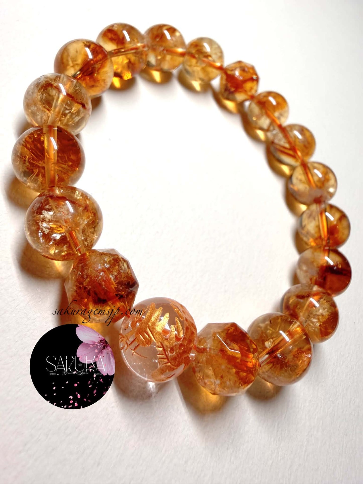 Pyramid Phantom Rainbow Citrine Bracelet 12mm. Round Beads