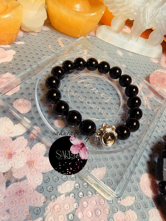 Black TOURMALINE Beads Beautifully Paired with Meteorite Muonionalusta Stone ( cat-loving charm ) Bracelet