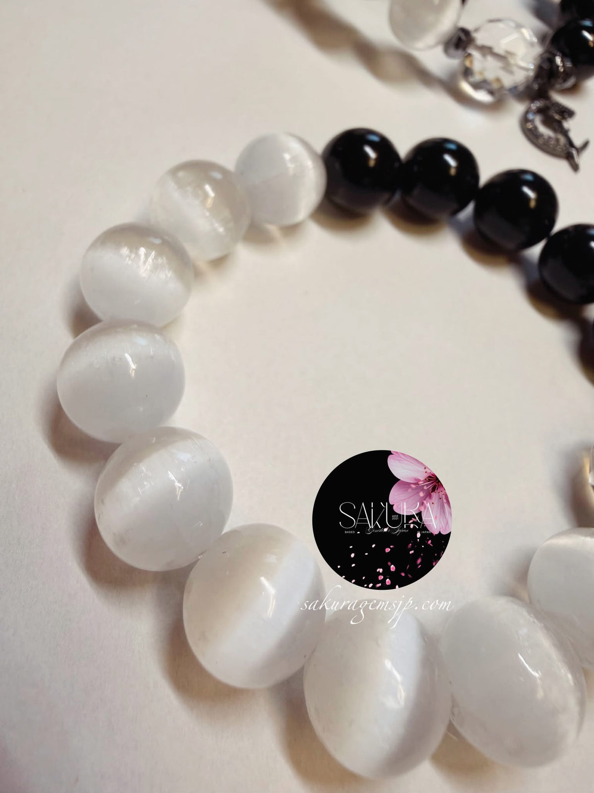 Satin Spar ( Selenite ) and Black Tourmaline Bracelet