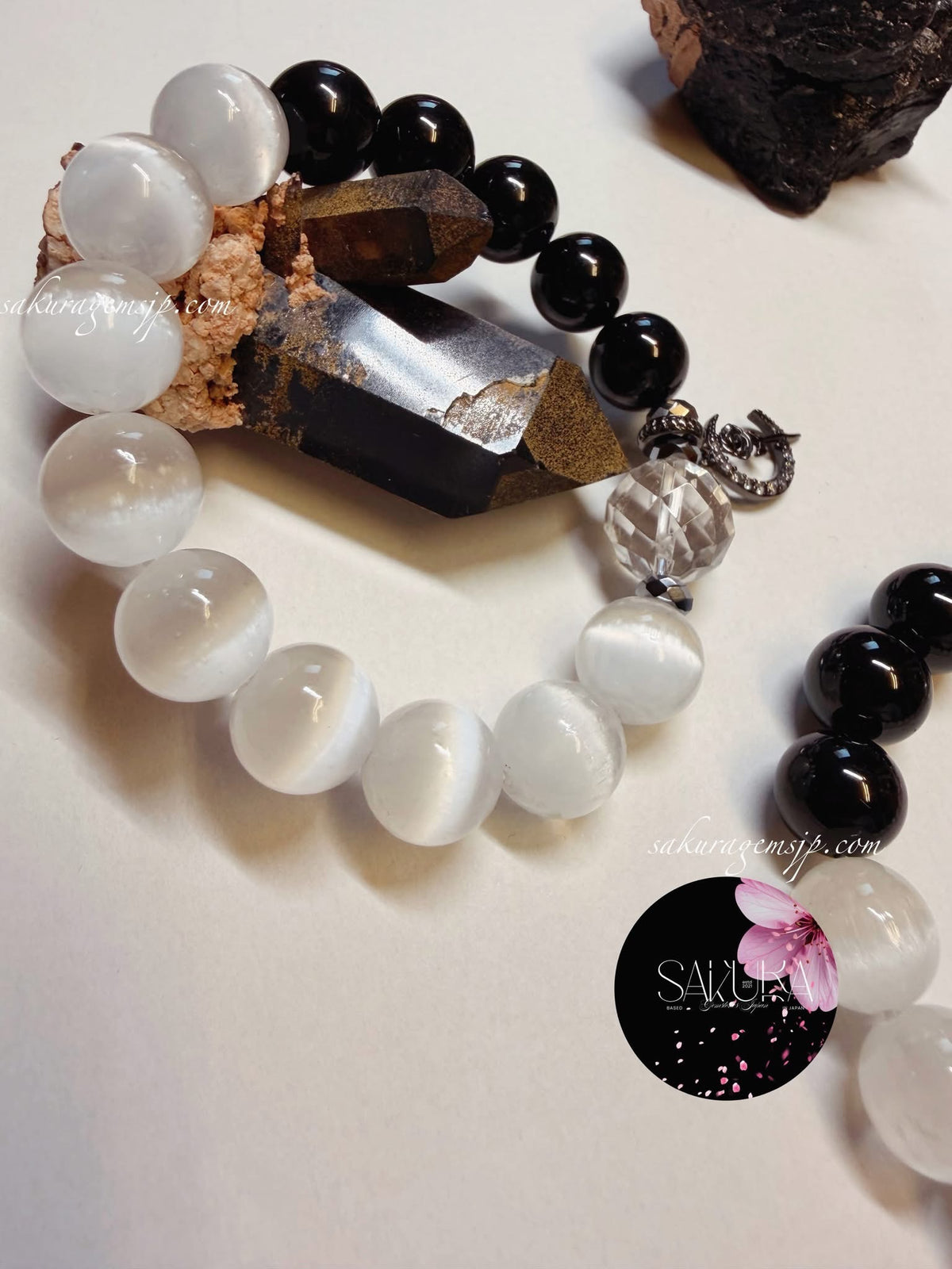Satin Spar ( Selenite ) and Black Tourmaline Bracelet