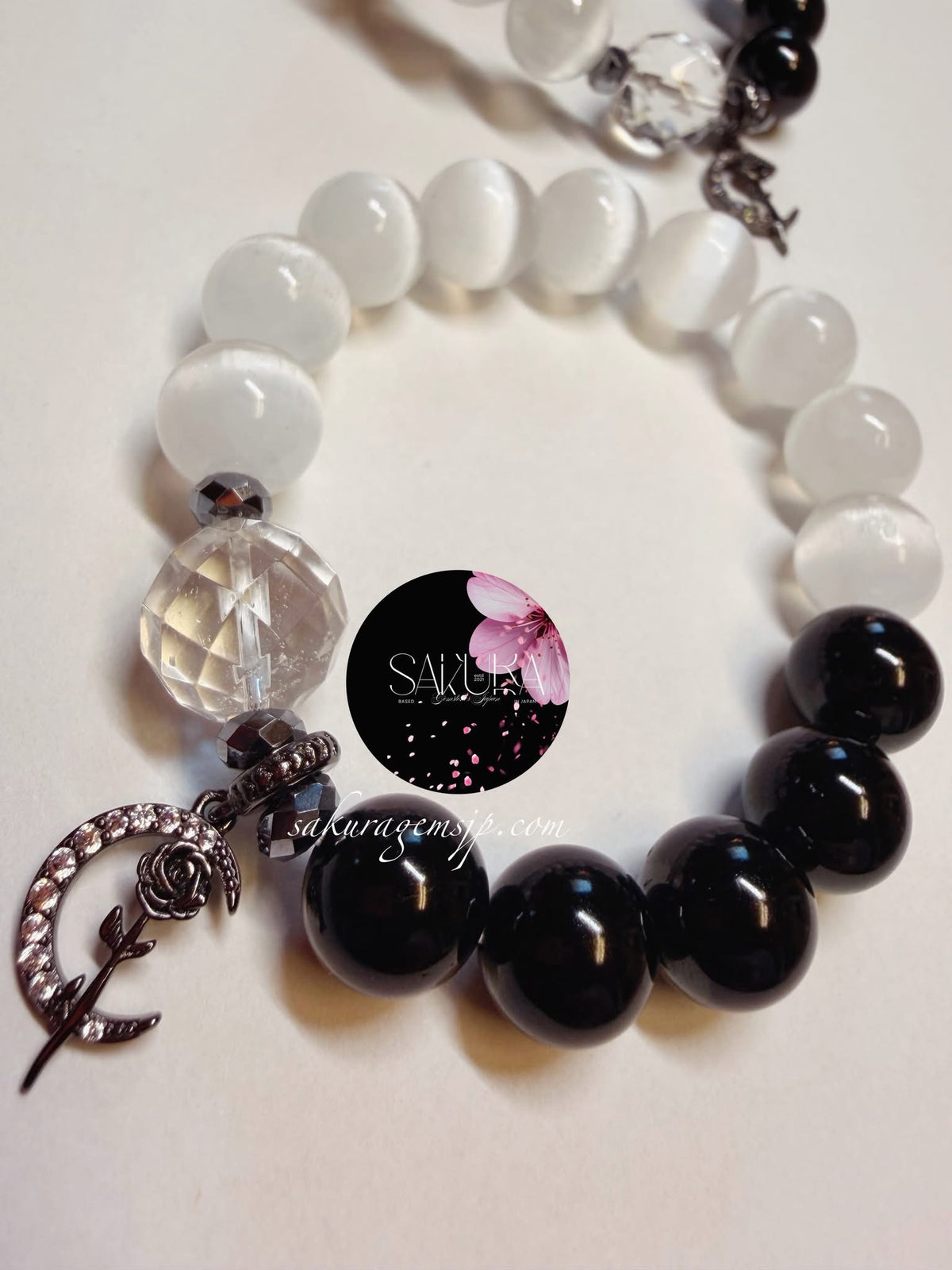 Satin Spar ( Selenite ) and Black Tourmaline Bracelet